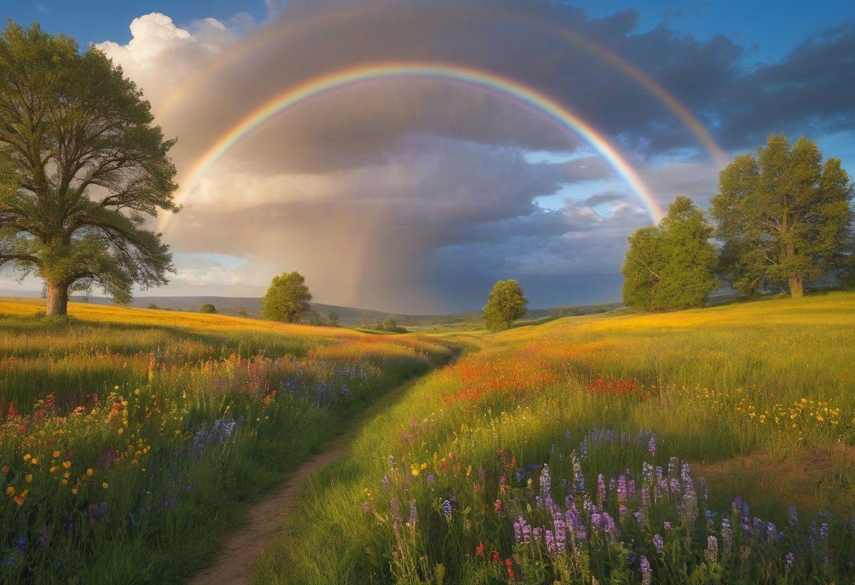 A serene landscape with a rainbow arching over a lush green meadow filled with colorful wildflowers. In the foreground, a diverse group of people engaging in joyful activities like laughing, dancing, and meditating, each radiating a soft golden glow symbolizing happiness. The sky is bright blue with fluffy white clouds, while the overall scene radiates warmth and positivity. Vibrant colors. super-realistic.