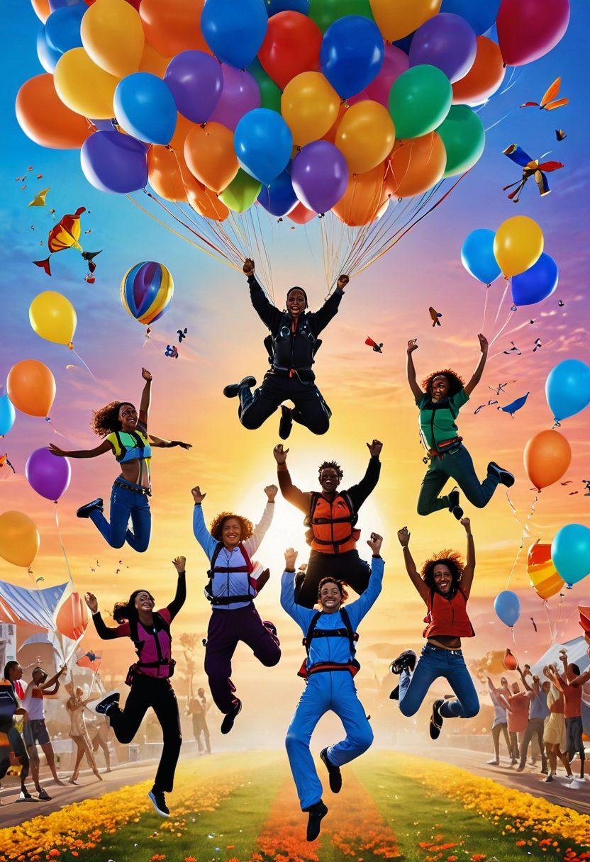 A vibrant scene depicting a diverse group of joyful people engaging in various thrilling activities, such as skydiving, dancing, and painting, all surrounded by colorful decorations and balloons. The background features a sunrise signifying new beginnings, with elements of laughter and joy scattered throughout. Bright, dynamic colors and expressions of exhilaration capture the essence of creating remarkable joy. super-realistic. vibrant colors. expansive landscape.