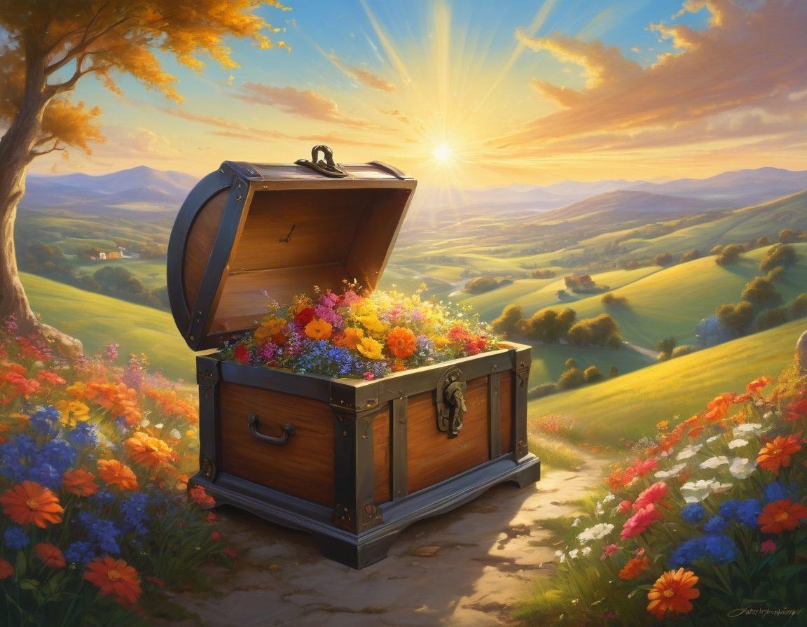 An ethereal scene depicting a luminous key unlocking a treasure chest overflowing with vibrant flowers and golden rays of sunlight, symbolizing joy and happiness. In the background, a serene landscape with rolling hills and a clear blue sky adds to the uplifting mood. Warm colors dominate the composition, inviting a sense of abundance and fulfillment. whimsical, super-realistic, vibrant colors, warm glow.